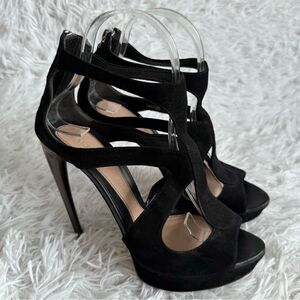 Alexander McQueen Black Suede Strappy Platform Sandals with Horn Heel Size 37.5